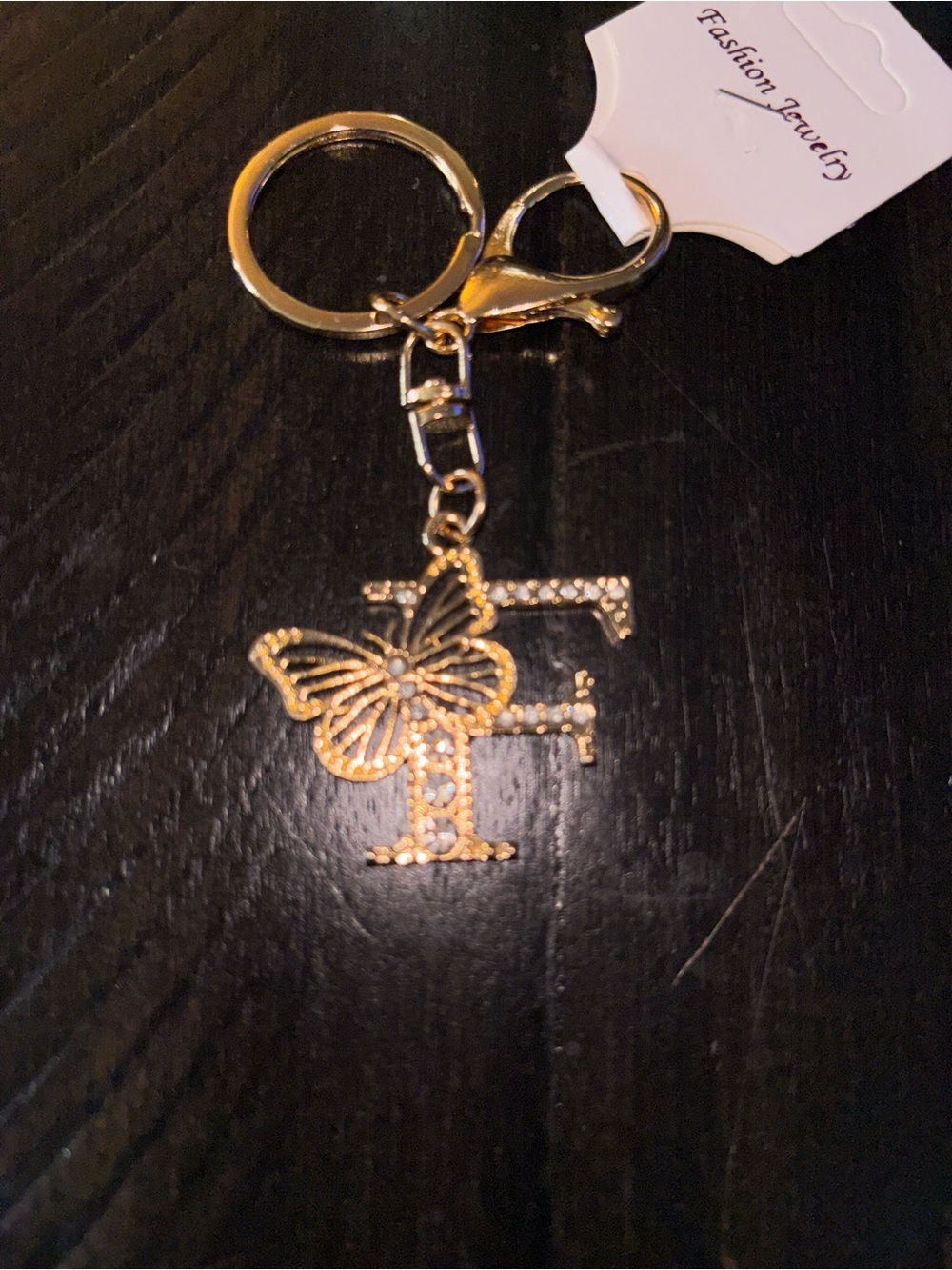 Gold Initial Rhinestones “F' Keychain with Butterfly Charm